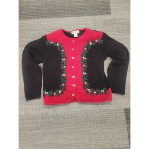 VTG Dress Barn Christmas Cardigan Red Black Holly Berry Sweater Gold Buttons Med